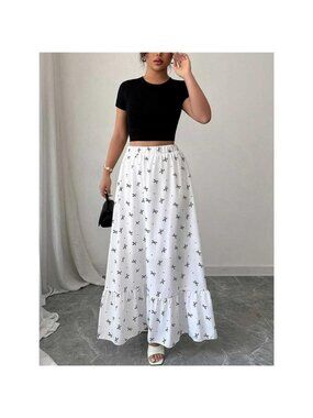 Bowknot Print Ruffle Hem Maxi Skirt